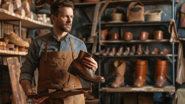 A middle-aged man is a leather shoemaker working in his workshop.
