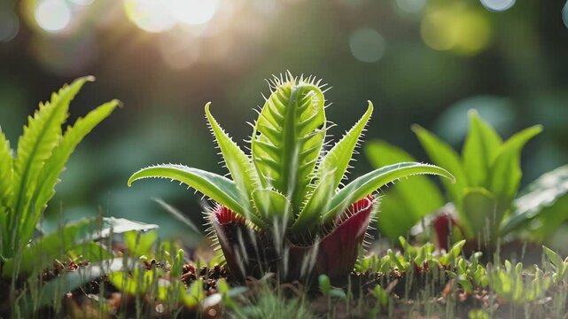 Close-up shot of a Venus flytrap plant in the sunlight, with other plants blurred in the background.