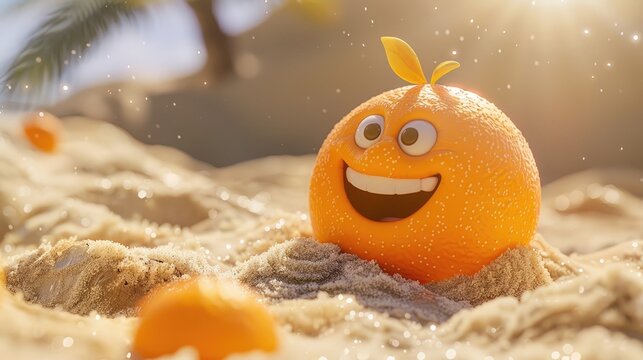 A cheerful cartoon clementine with a happy expression, playing in the sand.