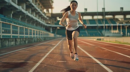 Obraz premium Asian athletic female athlete running on the track of the sprint course.