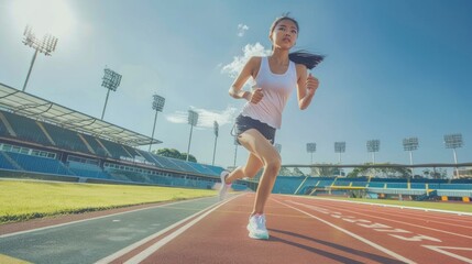 Fototapeta premium Asian athletic female athlete running on the track of the sprint course.