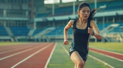 Obraz premium Asian athletic female athlete running on the track of the sprint course.