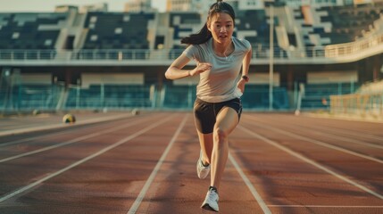 Obraz premium Asian athletic female athlete running on the track of the sprint course.