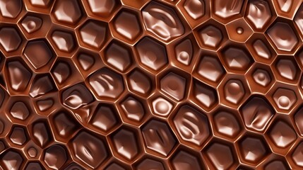 Fototapeta premium Chocolate Cellular Pattern: A close-up view showcases a rich, appetizing cellular pattern of glistening, meticulously crafted chocolate, evoking a sense of indulgence and intricate detail.
