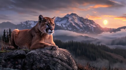 Majestic Mountain Cougar Under Full Moon, Wild Animal Photography, Untamed Beauty of Nature, Wildlife Image, Night Sky, Mountain Landscape, Sunset, Predator, Cougar Portrait, Mountain Lion, Nature