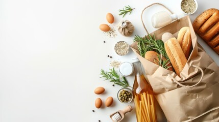 Paper bag with assorted products, groceries and daily essentials, shopping concept, top view, white background, copy space