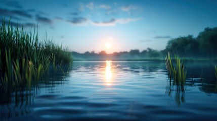 Serene Moonlit River Tranquil Water Reflecting the Full Moon in a Misty Landscape, Peaceful Nature Scene, Serenity, Calm, Stillness, Nighttime Beauty, Peaceful Water, Moonlight Reflections, Nature