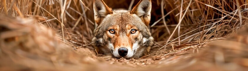Fototapeta premium Red Wolf Hiding in the Brush, Wild Canine Noise in the Dark Night, Nature Photography, Wildlife, Predator, Canis Rufus, Endangered Species, North Carolina, Eastern United States, Animal Behavior