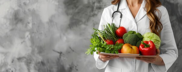 Registered Dietitian testing vegetables and fruits, professional setting, closeup, lab coat and clipboard, healthy eating concept, isolated white background, copy space