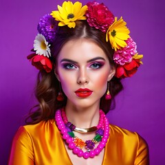 Naklejka premium Confident female with bold personality and cool attitude. Portrait of an edgy young woman wearing fashionable clothes with a trendy hairstyle against a vibrant studio background.