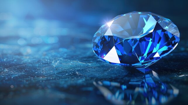 Sapphire, a beautiful sparkling blue gemstone on a dark blue background. Vector illustration.