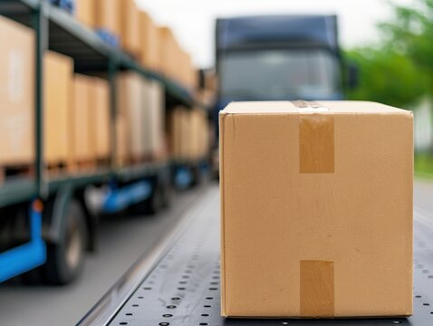 Departing vehicle with full load, expedited delivery, copy space, focus on objects, deep depth of field.