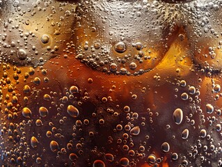 Captivating Close up of Carbonated Cola Beverage with Vibrant Bubbles and Swirling Patterns