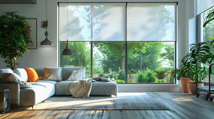 Interior roller blinds are installed in the living room, featuring white colored roller shades on the windows. Within the same room, there are also a houseplant and a sofa present.	