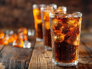 Refreshing Cola Beverage with Icy Bubbles and Wooden Table Background