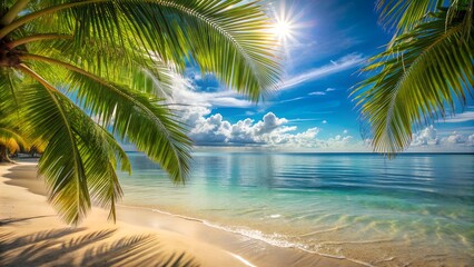 Sunny tropical beach with palm trees and tranquil turquoise waters, perfect for a serene getaway or tropical vacation backdrop. - Powered by Adobe