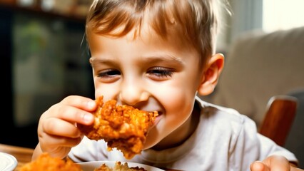 Happy Child eating delicious fried chicken at home