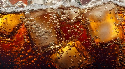 Close up of Fizzy and Bubbly Cola Drink in Transparent Glass with Droplets and Reflections