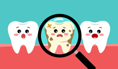 Magnifier cute tooth with cavity cartoon character vector illustration. Dental problem.