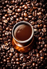 Fototapeta premium scattered aromatic coffee beans turkish pot, drink, brewing, roasted, fragrant, ground, caffeine, brown, circular, round, metal, handle, kitchen, utensil, cookware