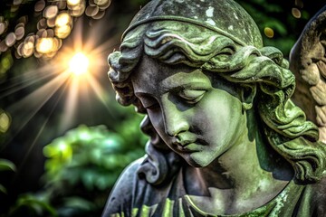 Obraz premium Close-up of an angel statue in a serene garden setting with sun rays filtering through, creating a peaceful and divine ambiance.