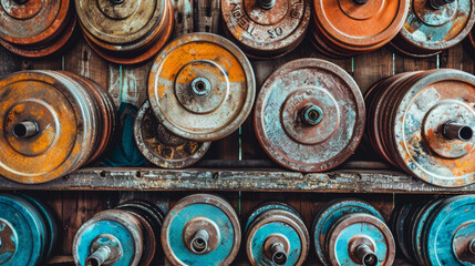 Stack of weight plates neatly arranged against gym wall
