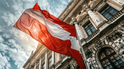 Austria flag waving with Vienna historic architecture
