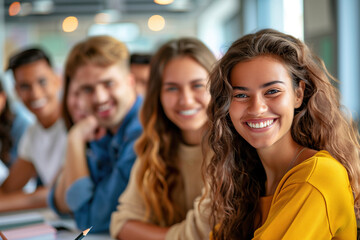 Obraz premium Diverse Group of Smiling Young Professionals Collaborating in Bright, Airy Office Environment