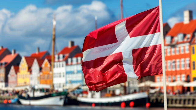 Denmark flag fluttering with colorful Copenhagen waterfront backdrop