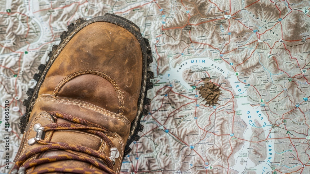 Wall mural Adventure Begins Here: A Close-up of a Hiking Boot Resting on a Topographical Map