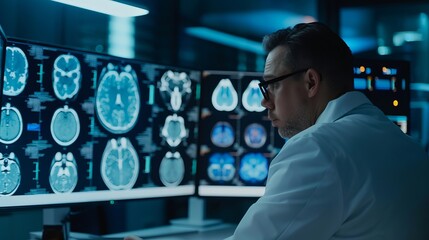 Medical professional analyzing brain MRI scans in a dark room.