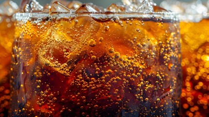 Sparkling Amber Beverage in Transparent Glass with Icy Bubbles and Condensation
