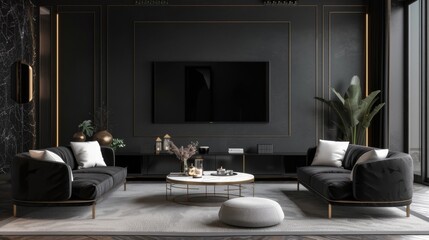 A modern and sophisticated living room featuring dark-themed decor, including black sofas, a central coffee table, and luxurious accents that create a stylish and cozy environment.
