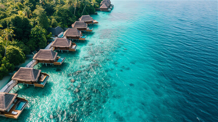 Aerial view of the luxury tropical island resort, which blends the Maldives resort's bungalow with the clear sea