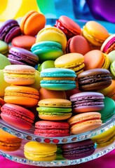 vibrant rainbow arrangement colorful macarons celebratory events parties, lgbtq, lgbt, pride, love, equality, dessert, sweets, confectionery, display, assortment,