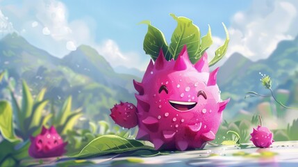 Obraz premium A cute cartoon pitaya with a big smile, enjoying a summer day.