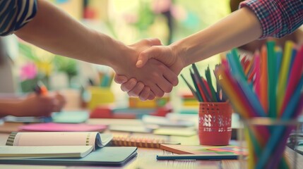 Obraz premium Handshake over desk with colorful stationery