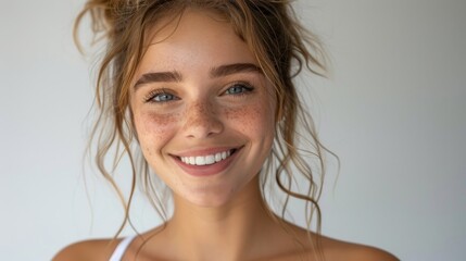 Cheerful close-up of a smiling young woman with curly hair and freckles, showcasing her natural beauty and joyful expression in a bright setting.