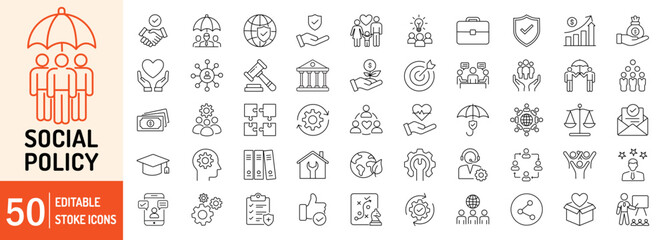Social Policy editable stroke outline web icons set. Security, government, family, welfare, education, protection, finance, security and support. Vector illustration