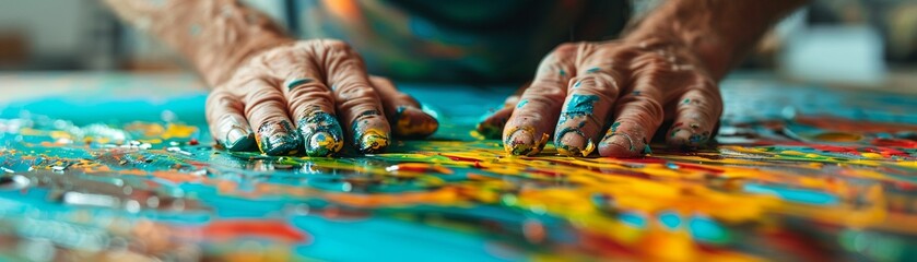 Obraz premium Closeup of an artist s hands working on a groundbreaking piece, symbolizing the fusion of art and innovation, realistic photo, high resolution, sharp focus