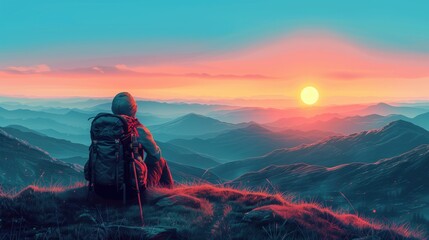 Fototapeta premium A hiker resting on the top of a hill wearing a backpack, admiring the stunning sunset over the mountains, symbolizing adventure and tranquility in nature.