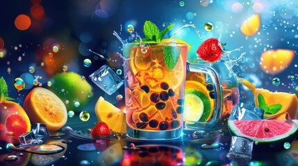 Fototapeta premium Refreshing summer fruit drinks on a colorful blurred background