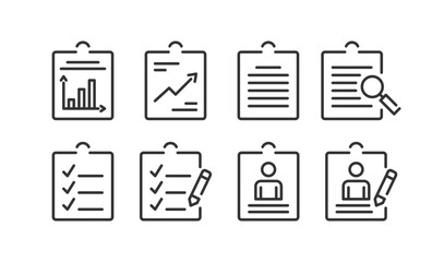 Reports and information, check list, documents - flat line icons set, editable stroke, vector eps10 illustration