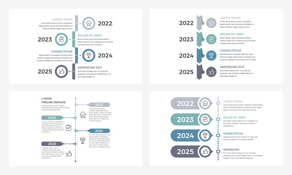 Four presentation slides featuring vertical timeline templates with four elements, representing a stages or milestones in a sequential process, vector eps10 illustration