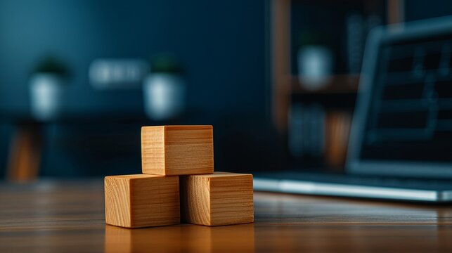 Handcarved wooden cubes neatly arranged on a startups office desk, realistic photo, high resolution, detailed textures, modern workspace