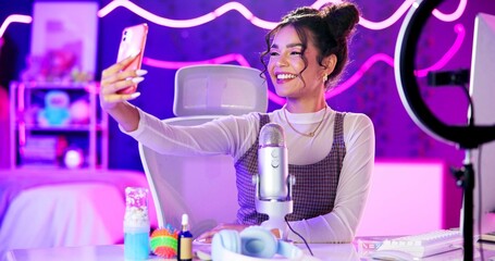 Selfie, influencer and girl with live streaming update in neon bedroom with social media audience,...