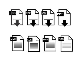 File format of document icons. Vector illustrations JPG,PDF,DOC,PPT,XLS,TIF,CMX,GIF,PNG,AI,ZIP,EPS and more. editable file