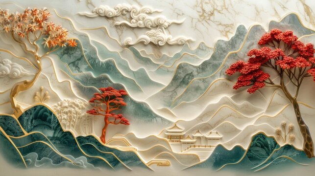 Chinese landscape relief painting with white, gold, green tones. Intricate details of nature with trees, mountains, and architectural elements. The scene has a serene and majestic atmosphere