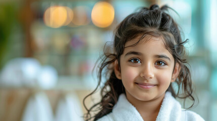 Fototapeta premium smiling Indian kid girl wearing white bathrobe