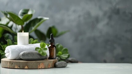 Tranquil Spa Scene: furnishing spa with towel, stones and oil on gray fuzzy background